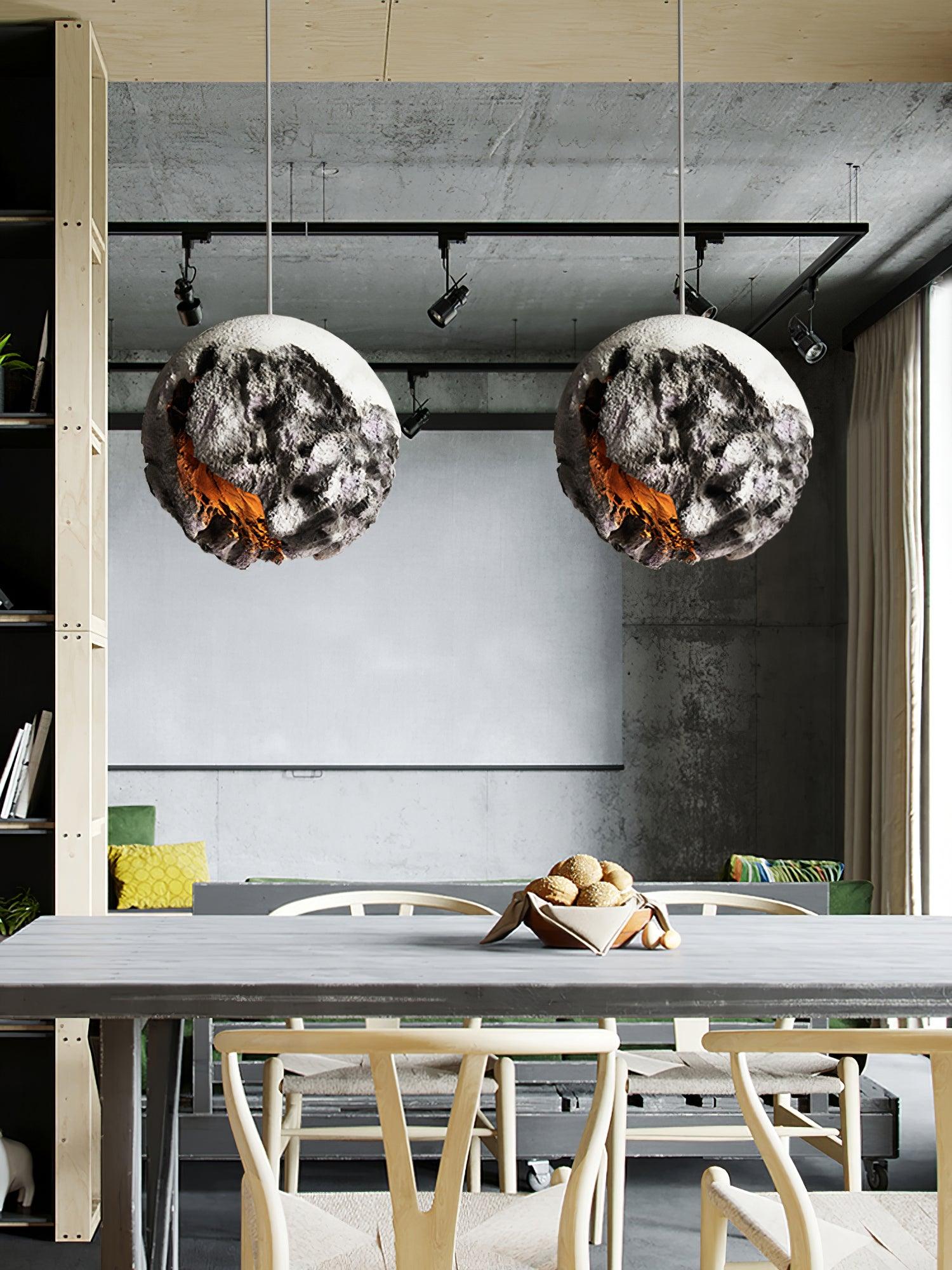 Modern Wabi Sabi Grey Planet Pendant Light Artistic Textured Resin Hanging Ceiling Lamp