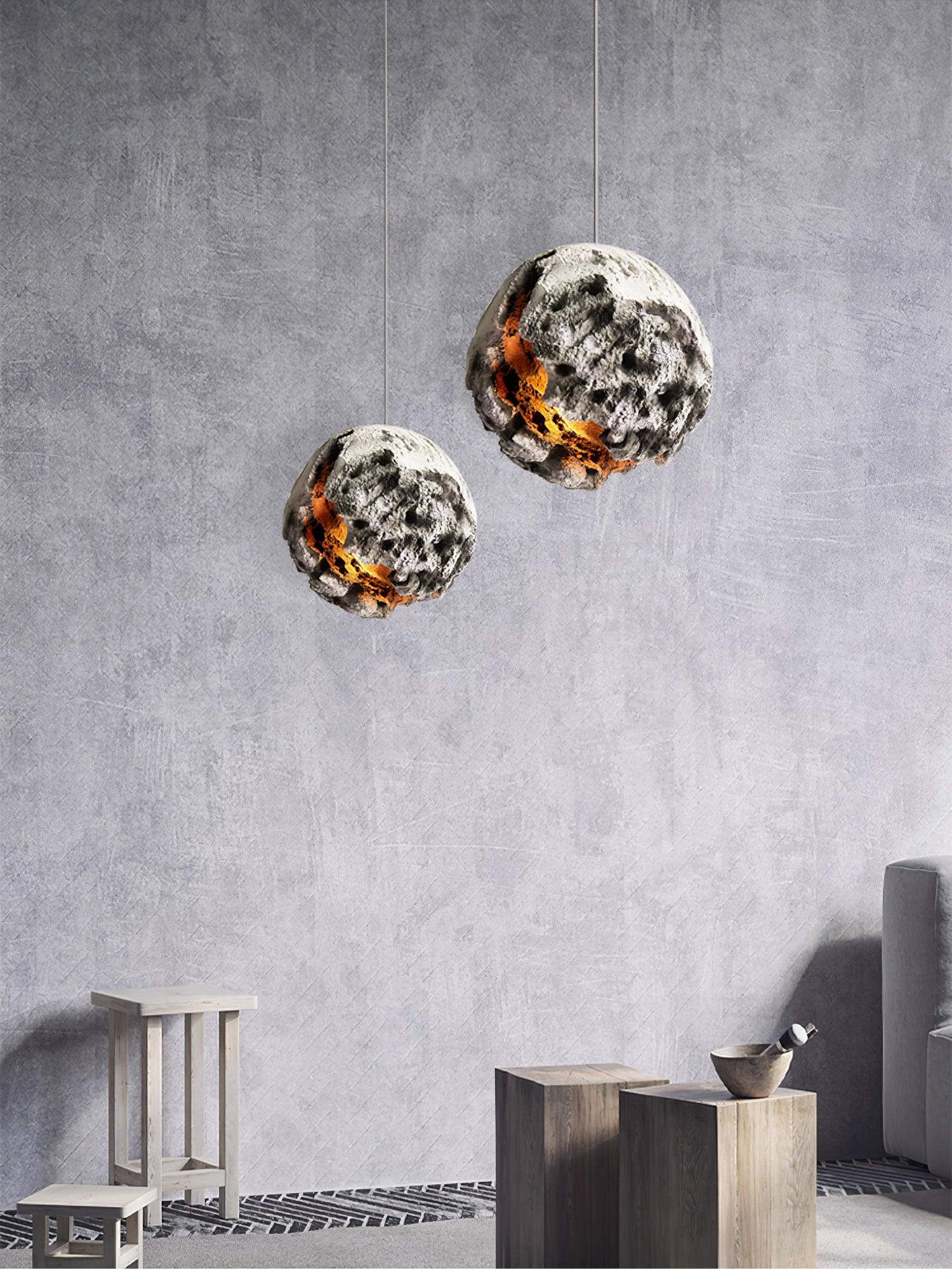 Modern Wabi Sabi Grey Planet Pendant Light Artistic Textured Resin Hanging Ceiling Lamp