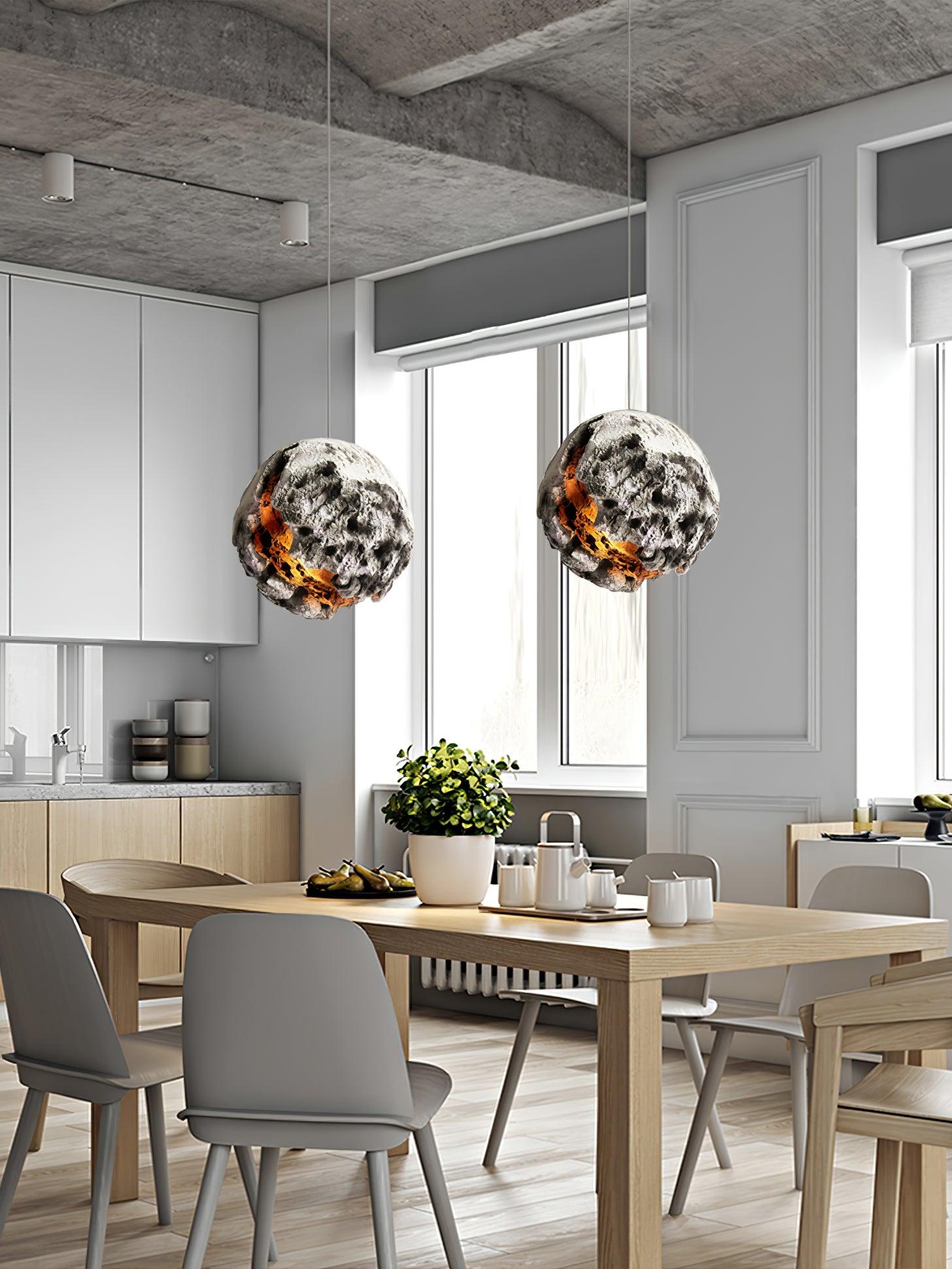 Modern Wabi Sabi Grey Planet Pendant Light Artistic Textured Resin Hanging Ceiling Lamp