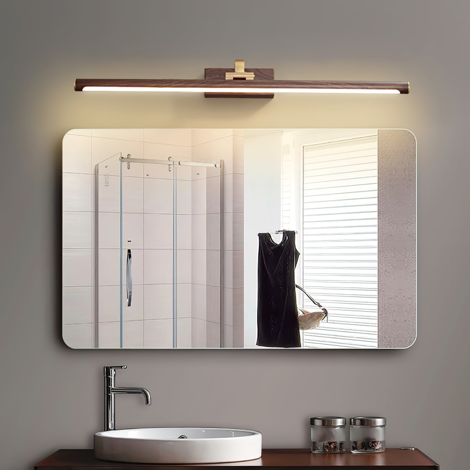 Modern Walnut Tone Linear LED Wall Sconce with Brass Accents and Integrated Lighting