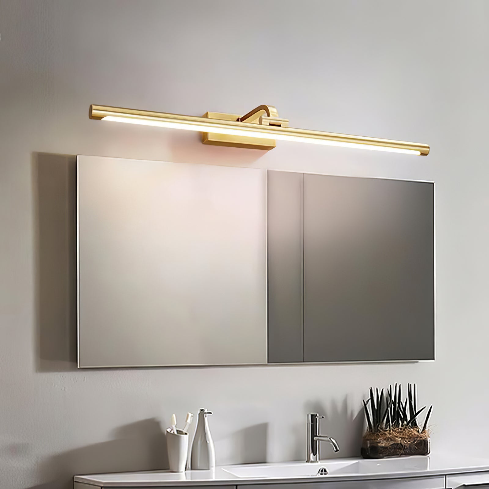 Modern Walnut Tone Linear LED Wall Sconce with Brass Accents and Integrated Lighting