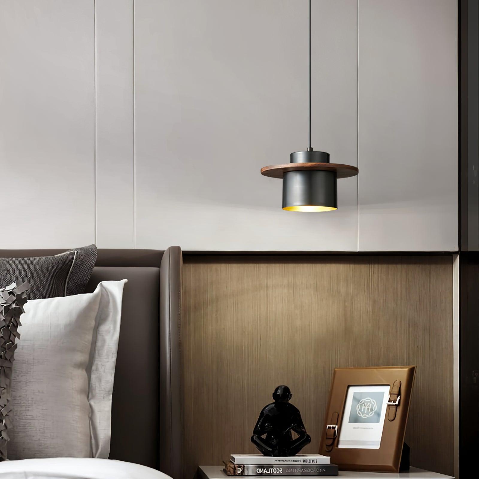 Modern Walnut Wood and Brass Pendant Light Minimalist Hanging Ceiling Fixture for Living Room