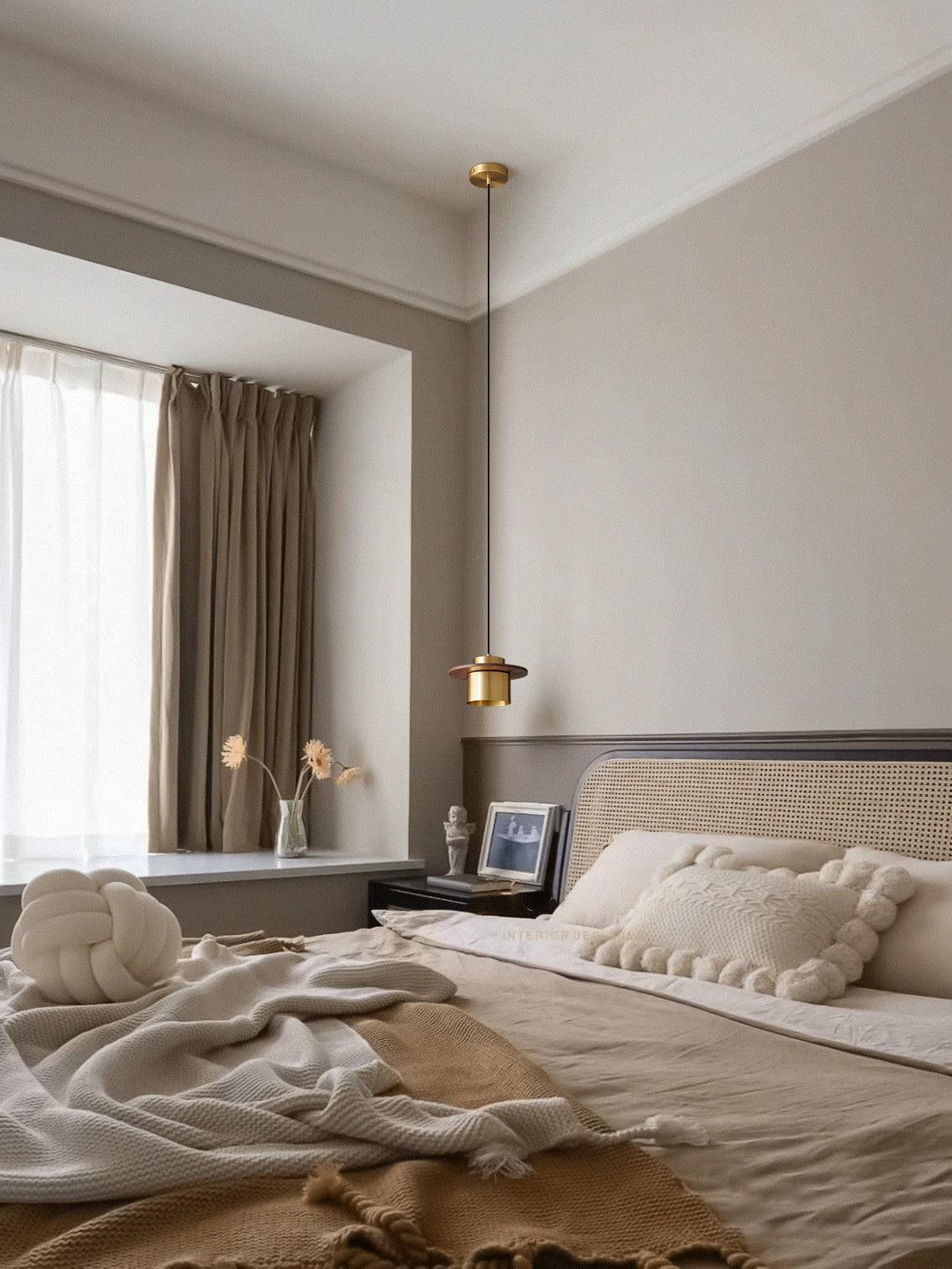 Modern Walnut Wood and Brass Pendant Light Minimalist Hanging Ceiling Fixture for Living Room