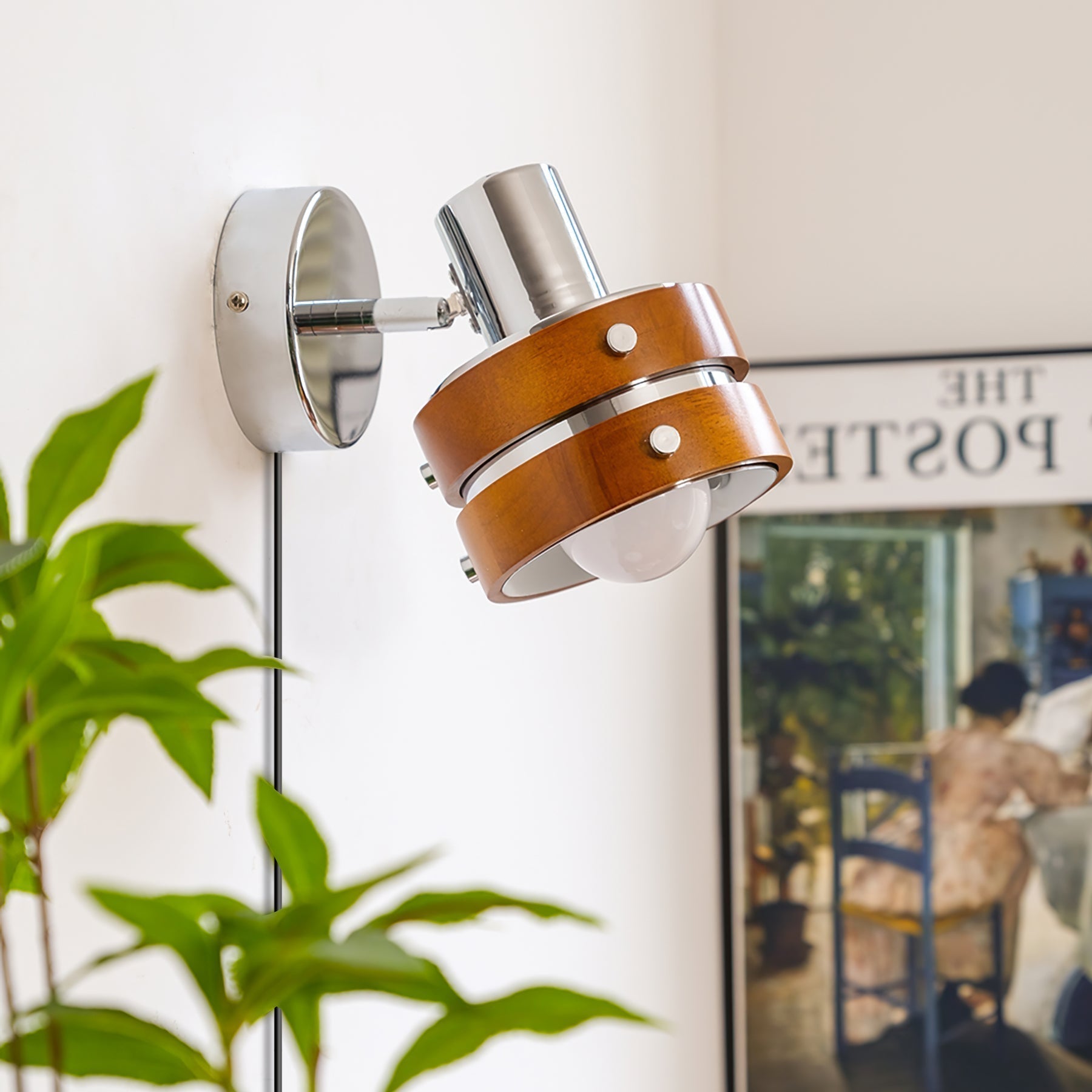 Modern Walnut Wood and Chrome Plug In Wall Sconce with Adjustable Tilt Head