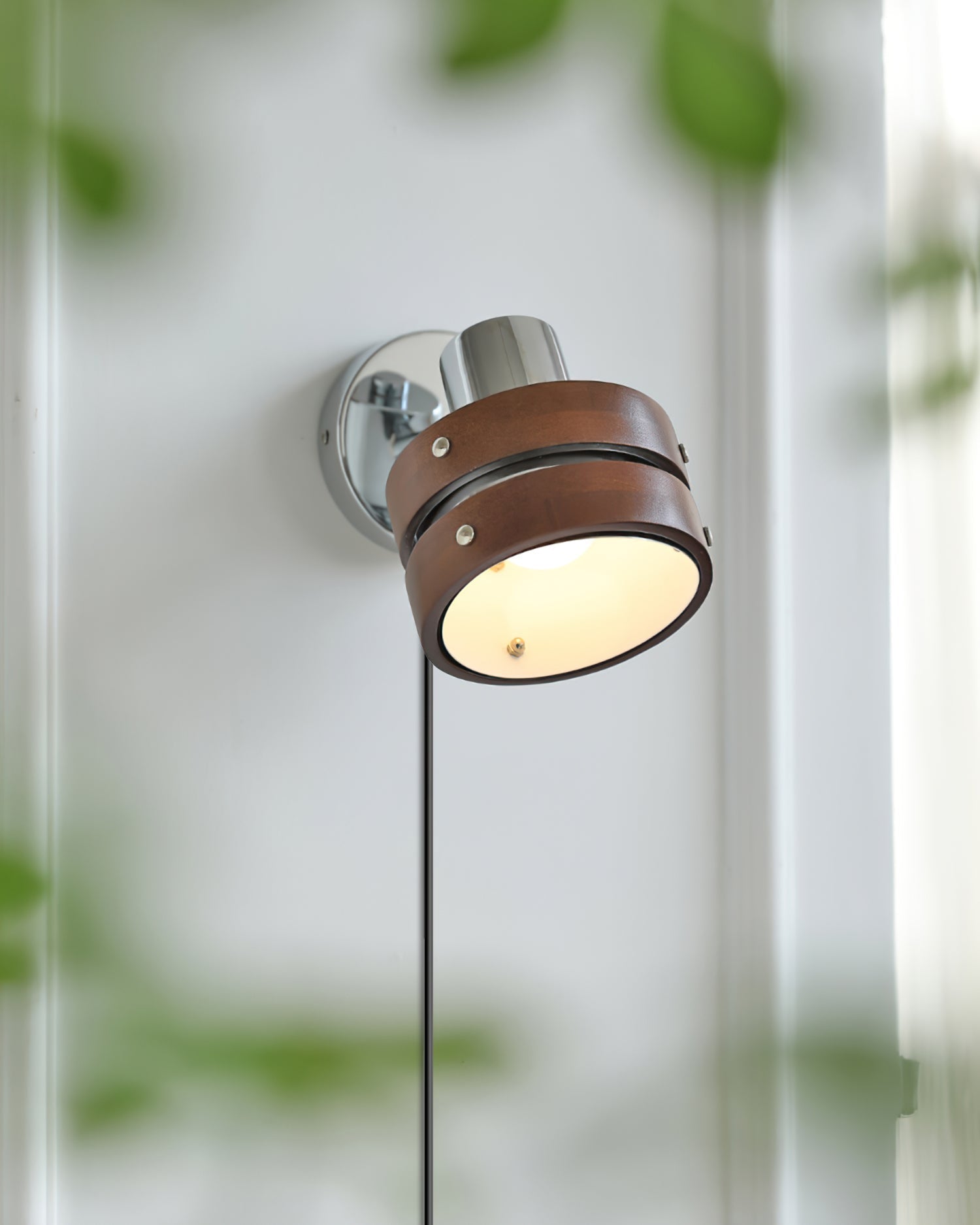 Modern Walnut Wood and Chrome Plug In Wall Sconce with Adjustable Tilt Head