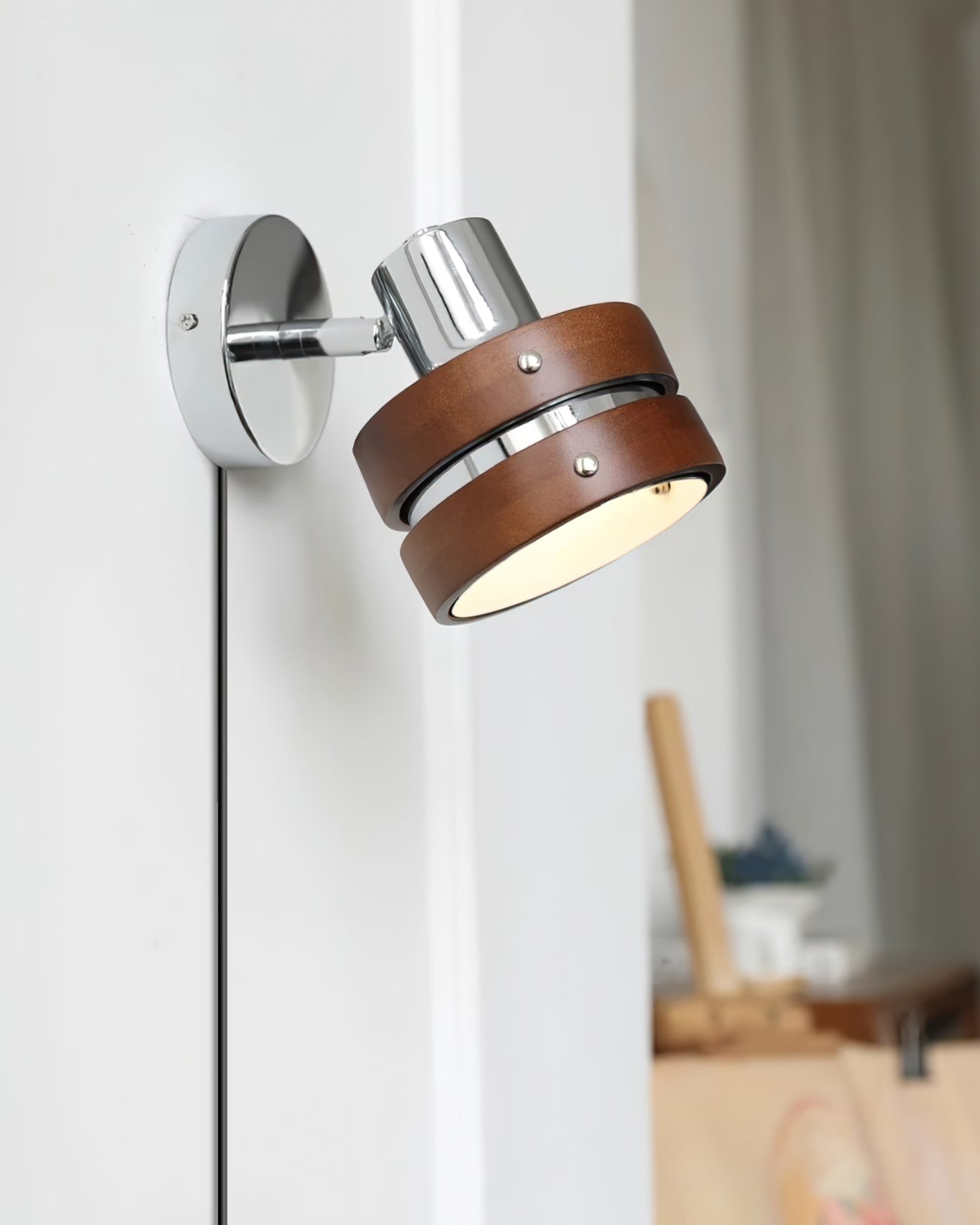 Modern Walnut Wood and Chrome Plug In Wall Sconce with Adjustable Tilt Head