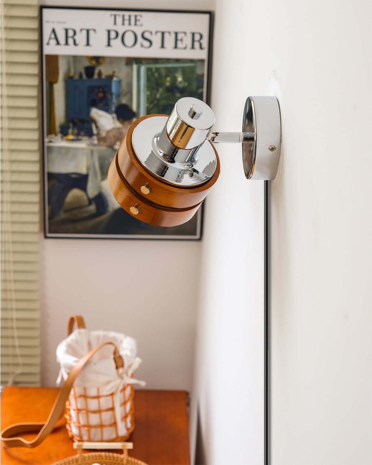 Modern Walnut Wood and Chrome Plug In Wall Sconce with Adjustable Tilt Head
