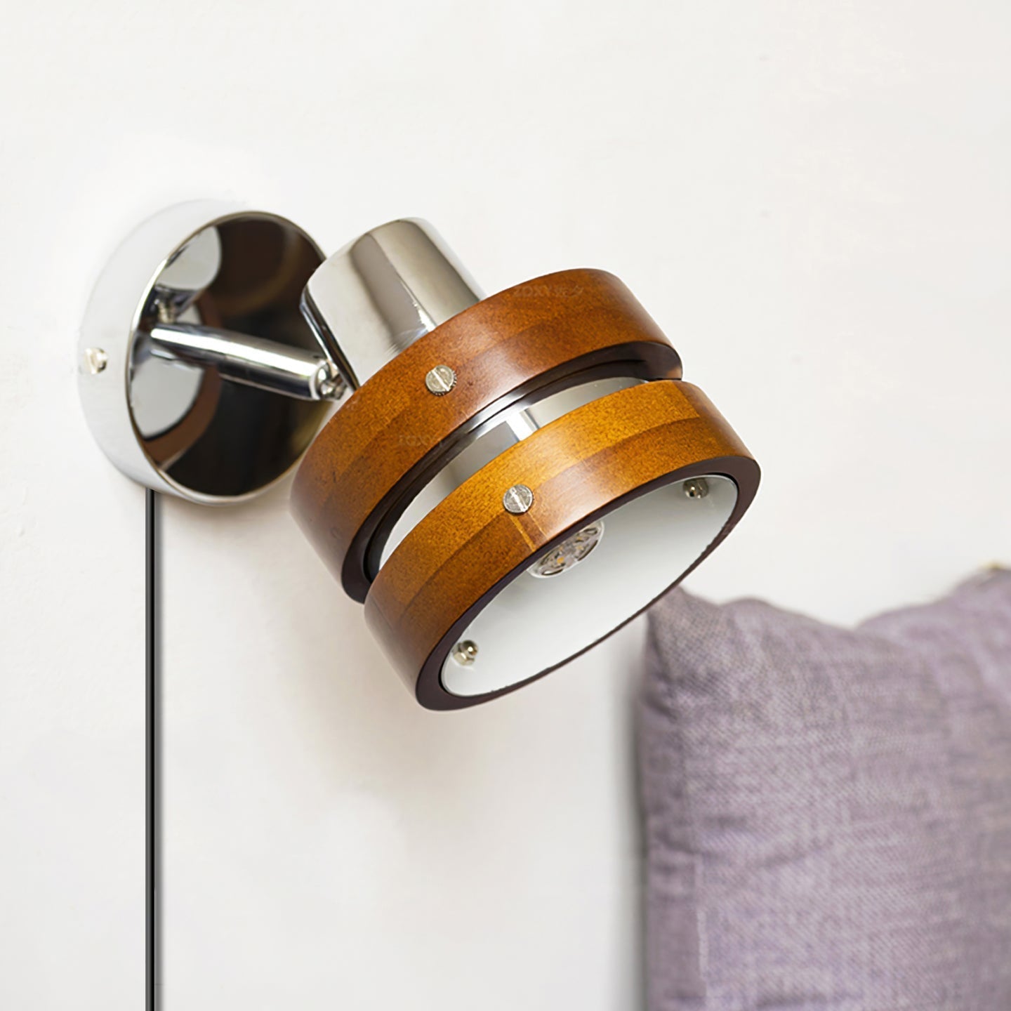 Modern Walnut Wood and Chrome Plug In Wall Sconce with Adjustable Tilt Head