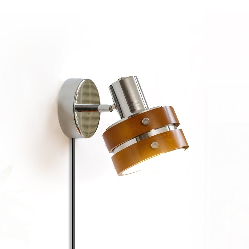 Modern Walnut Wood and Chrome Plug In Wall Sconce with Adjustable Tilt Head