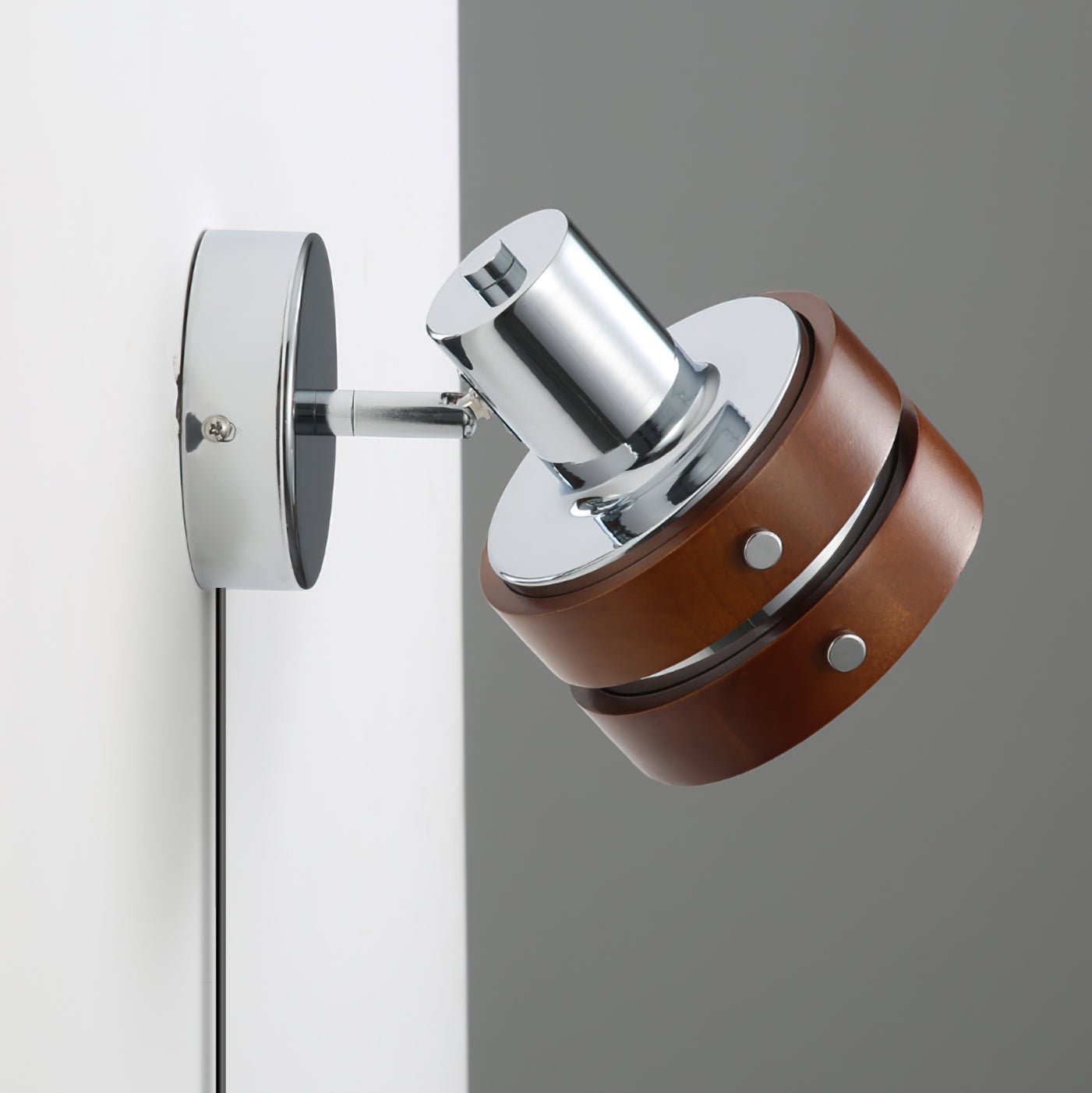 Modern Walnut Wood and Chrome Plug In Wall Sconce with Adjustable Tilt Head