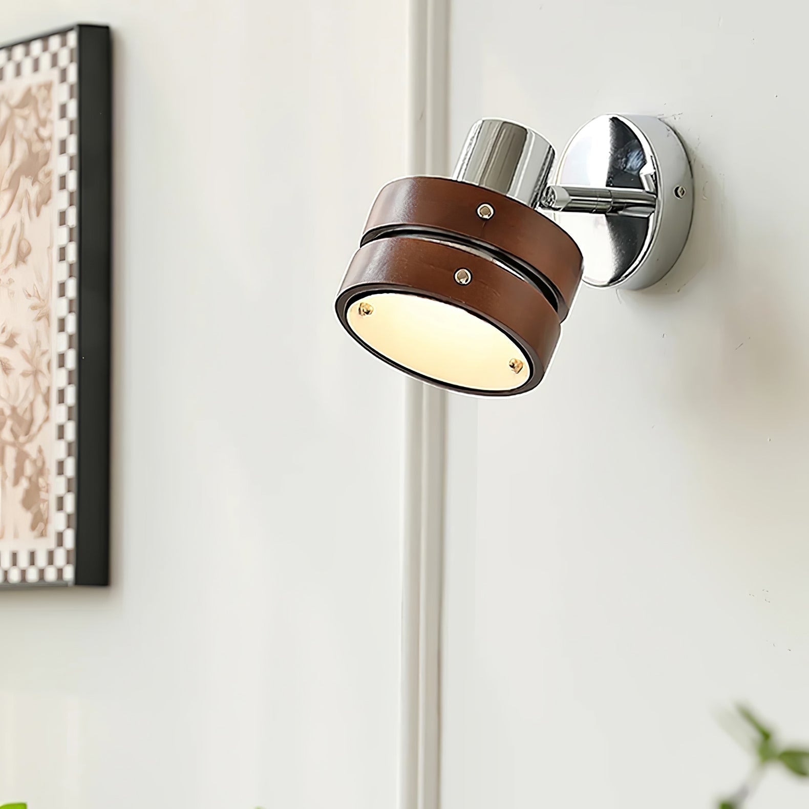 Modern Walnut Wood and Chrome Wall Sconce Set of 2 Adjustable Japanese Style Indoor Lamp