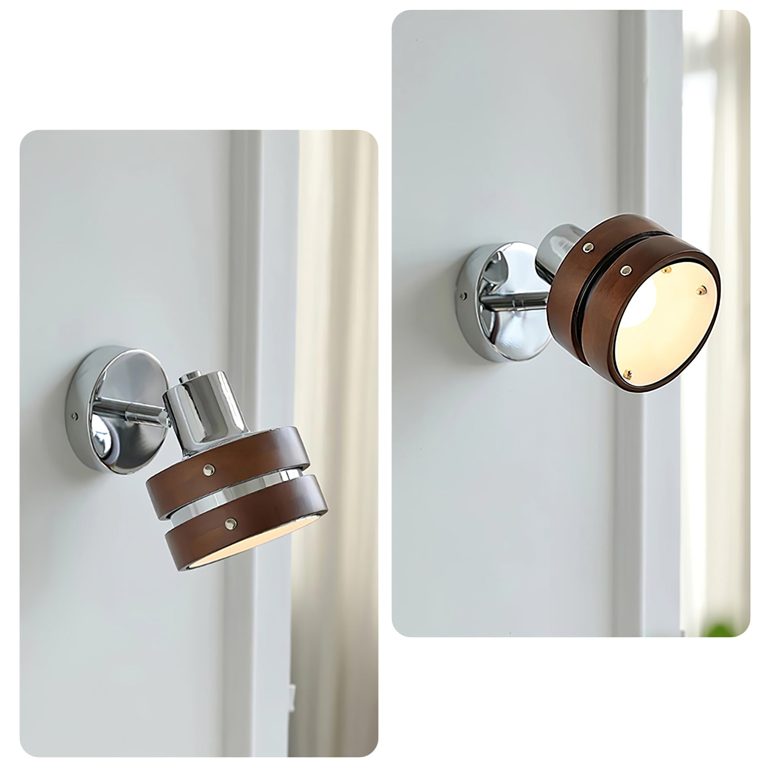 Modern Walnut Wood and Chrome Wall Sconce Set of 2 Adjustable Japanese Style Indoor Lamp
