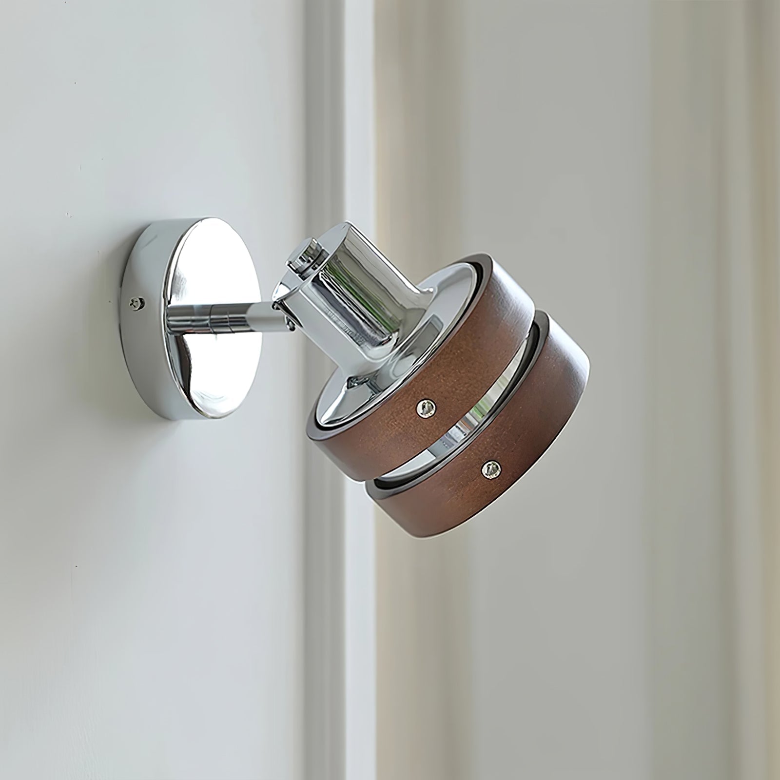 Modern Walnut Wood and Chrome Wall Sconce Set of 2 Adjustable Japanese Style Indoor Lamp