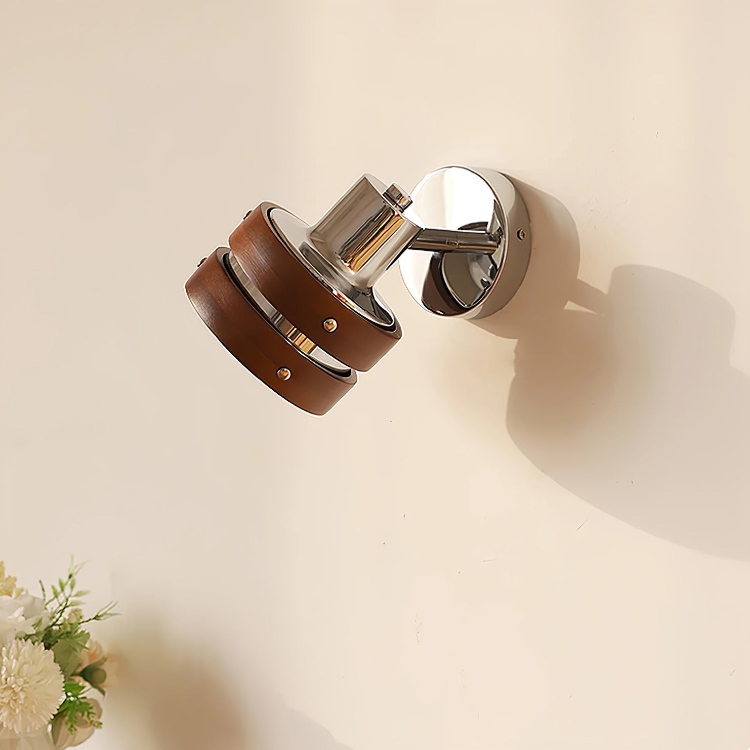 Modern Walnut Wood and Chrome Wall Sconce Set of 2 Adjustable Japanese Style Indoor Lamp