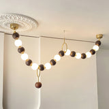 Modern Walnut Wood and Frosted Bead Necklace Chandelier LED Gasolier Pendant Light
