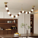 Modern Walnut Wood and Frosted Bead Necklace Chandelier LED Gasolier Pendant Light