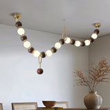 Modern Walnut Wood and Frosted Bead Necklace Chandelier LED Gasolier Pendant Light