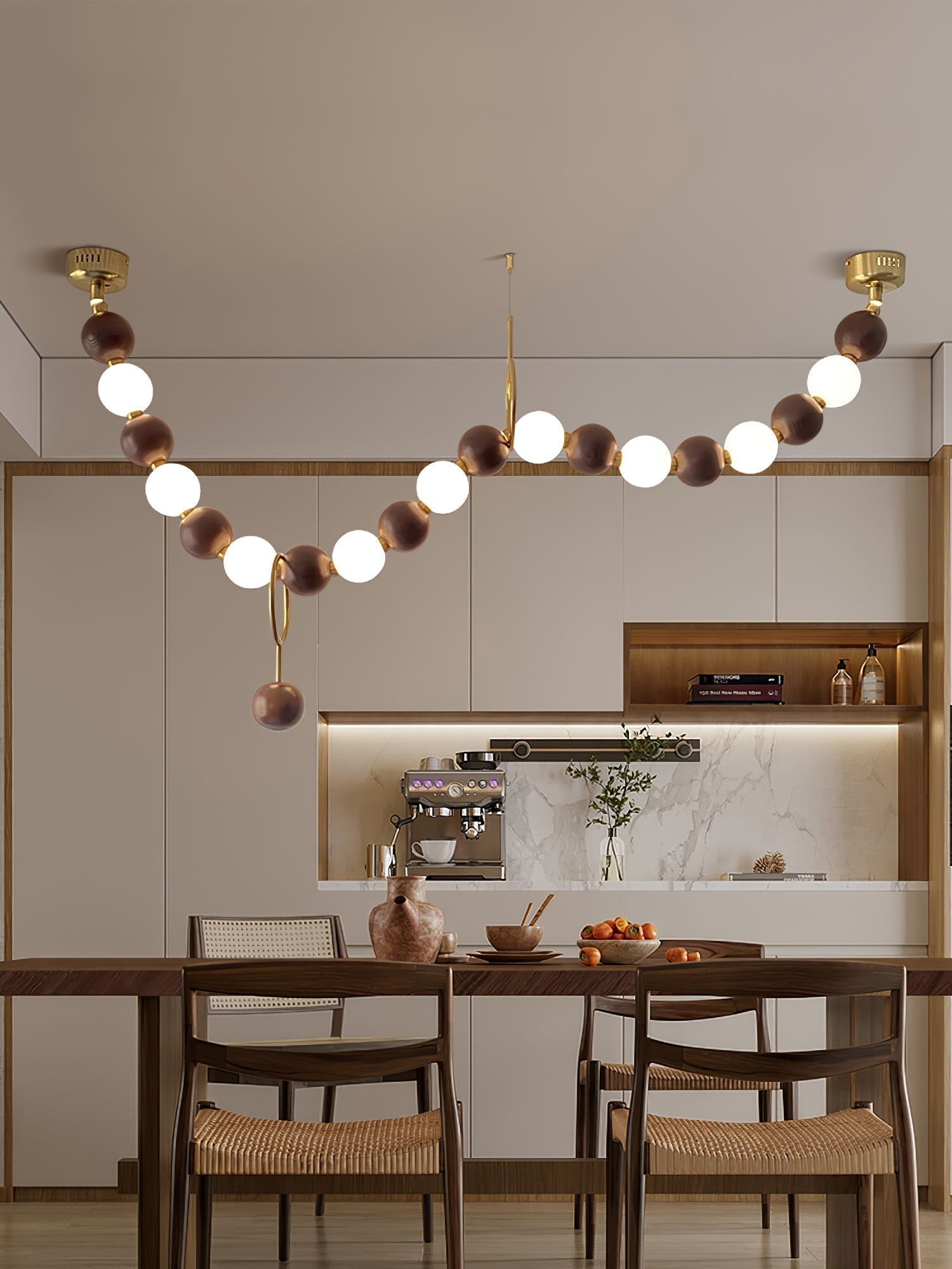 Modern Walnut Wood and Frosted Bead Necklace Chandelier LED Gasolier Pendant Light