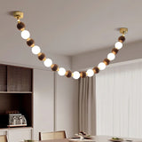 Modern Walnut Wood and Frosted Bead Necklace Chandelier LED Gasolier Pendant Light