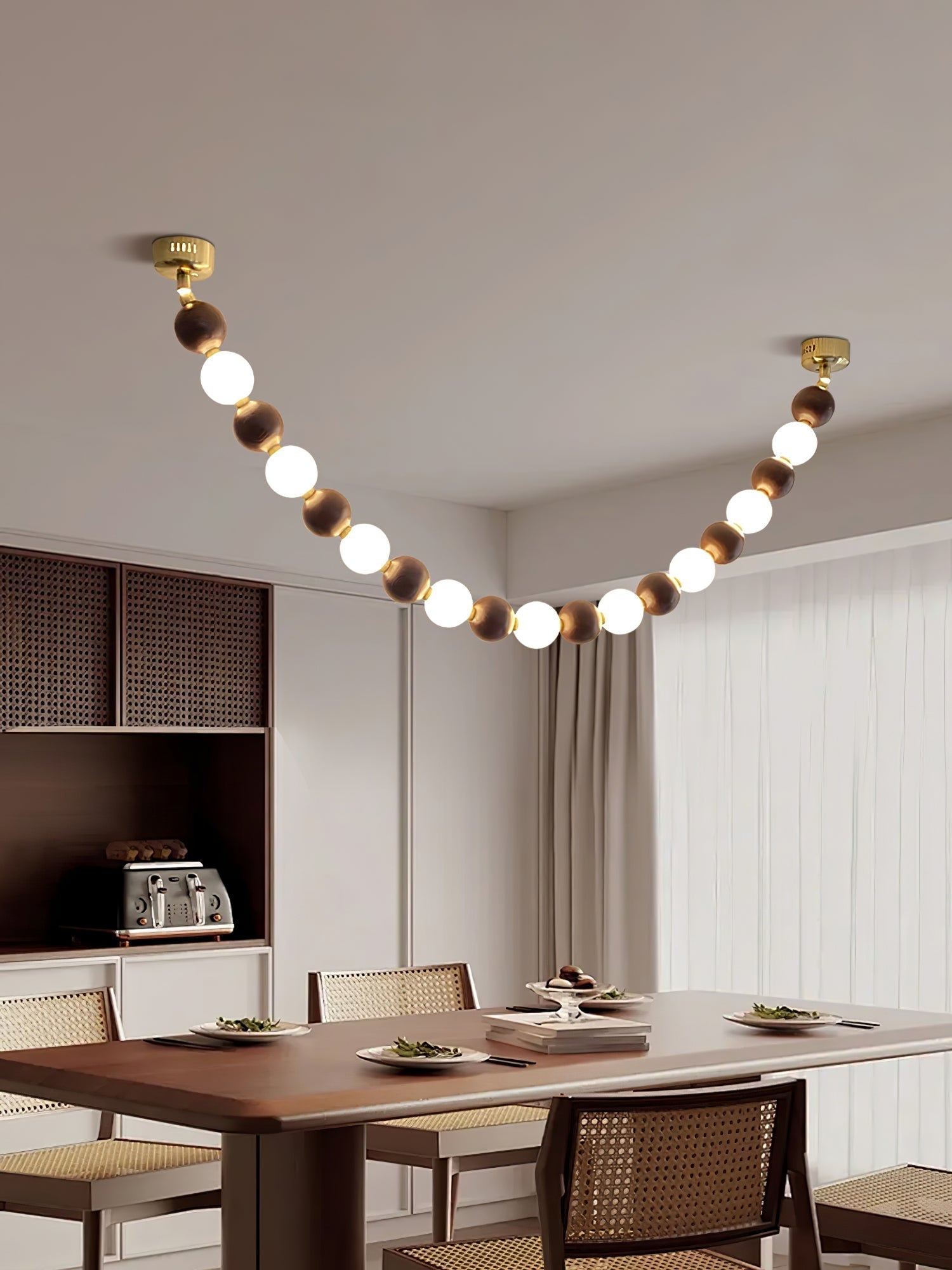 Modern Walnut Wood and Frosted Bead Necklace Chandelier LED Gasolier Pendant Light
