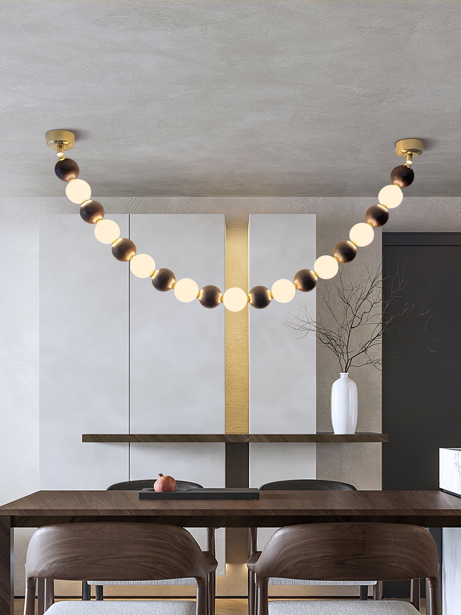 Modern Walnut Wood and Frosted Bead Necklace Chandelier LED Gasolier Pendant Light