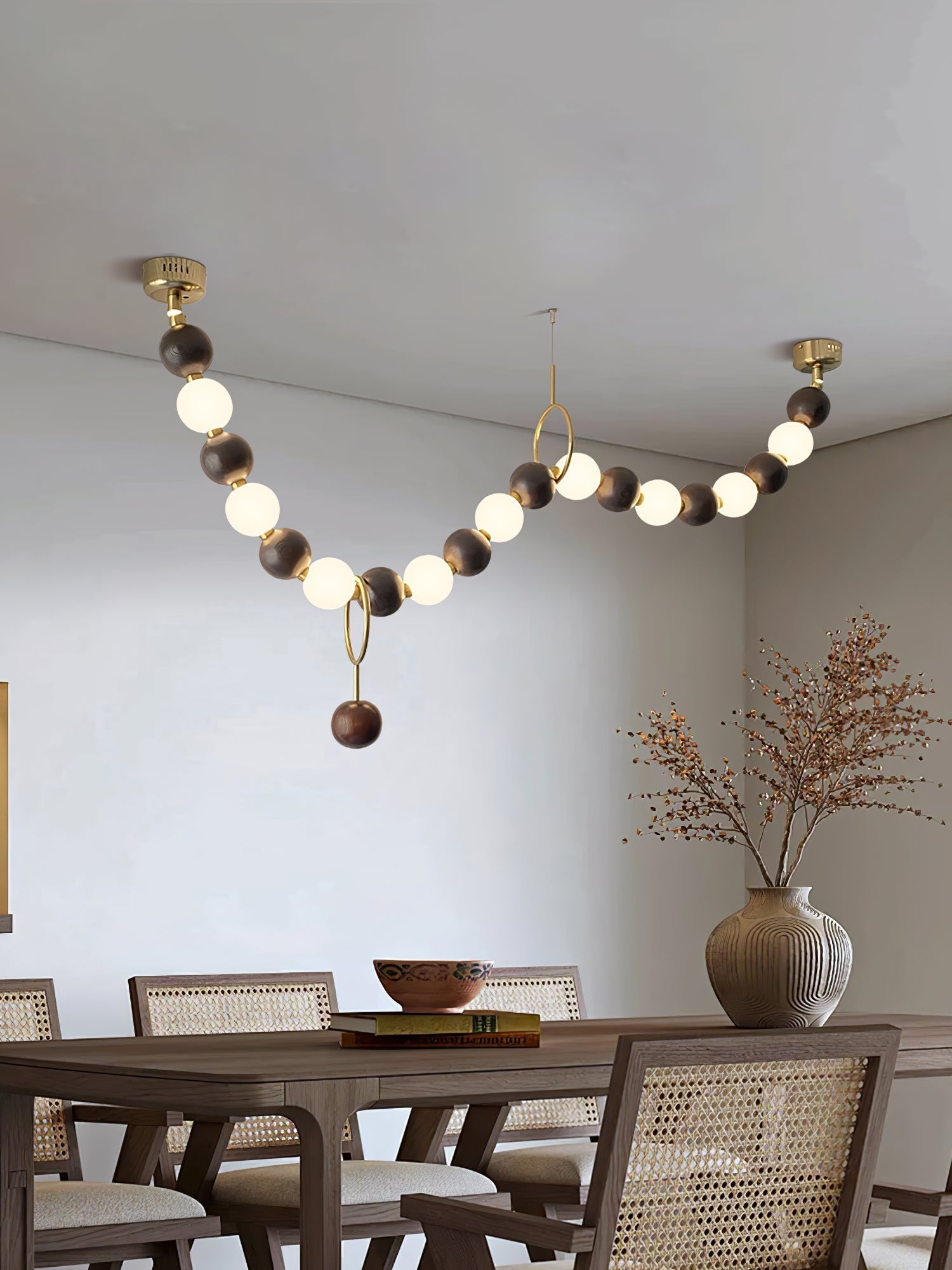 Modern Walnut Wood and Frosted Bead Necklace Chandelier LED Gasolier Pendant Light