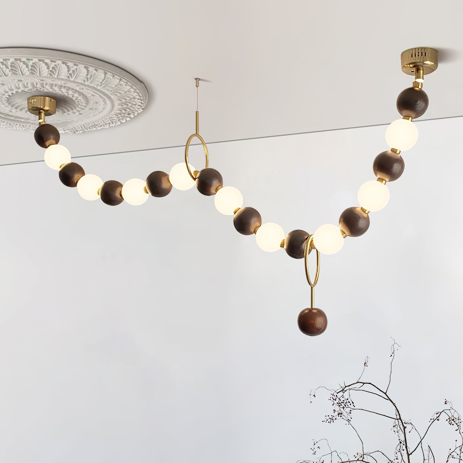 Modern Walnut Wood and Frosted Bead Necklace Chandelier LED Gasolier Pendant Light