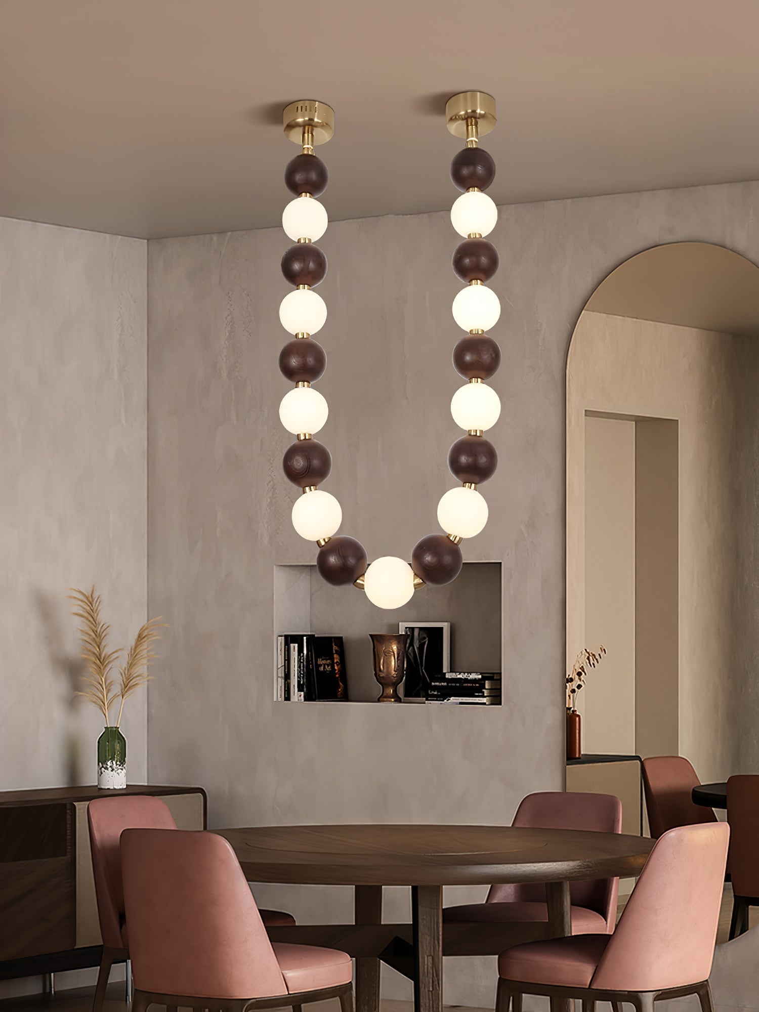 Modern Walnut Wood and Frosted Bead Necklace Chandelier LED Gasolier Pendant Light