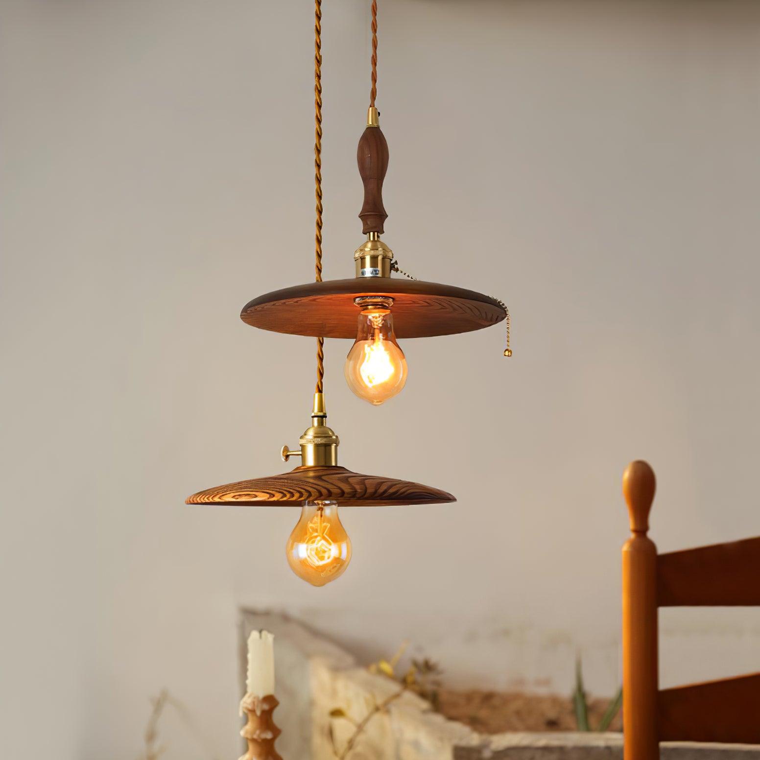Modern Walnut Wood Conical Pendant Light with Brass Accents for Home Decor