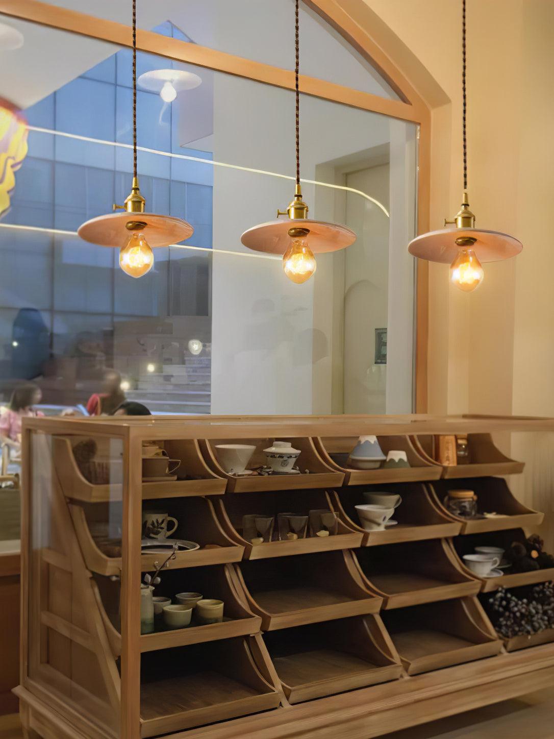 Modern Walnut Wood Conical Pendant Light with Brass Accents for Home Decor