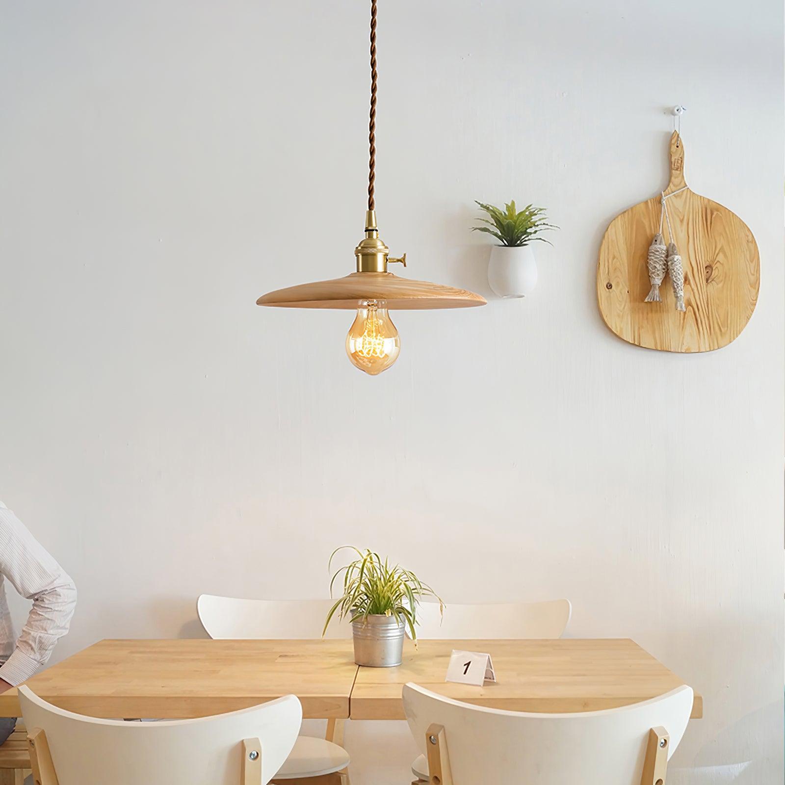 Modern Walnut Wood Conical Pendant Light with Brass Accents for Home Decor