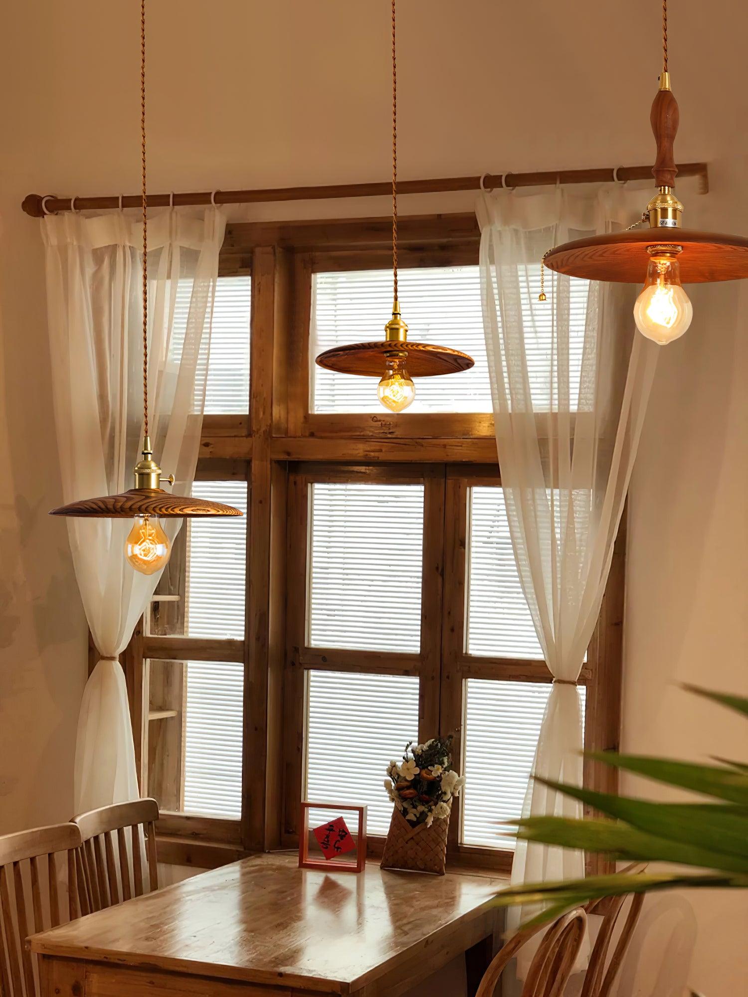 Modern Walnut Wood Conical Pendant Light with Brass Accents for Home Decor