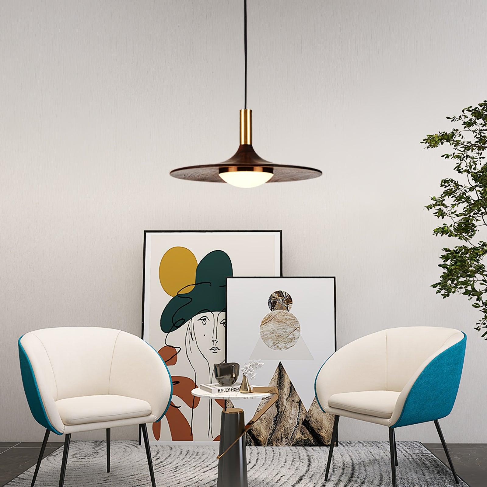 Modern Walnut Wood Dish LED Pendant Light Brass and Walnut Finished Hanging Lamp