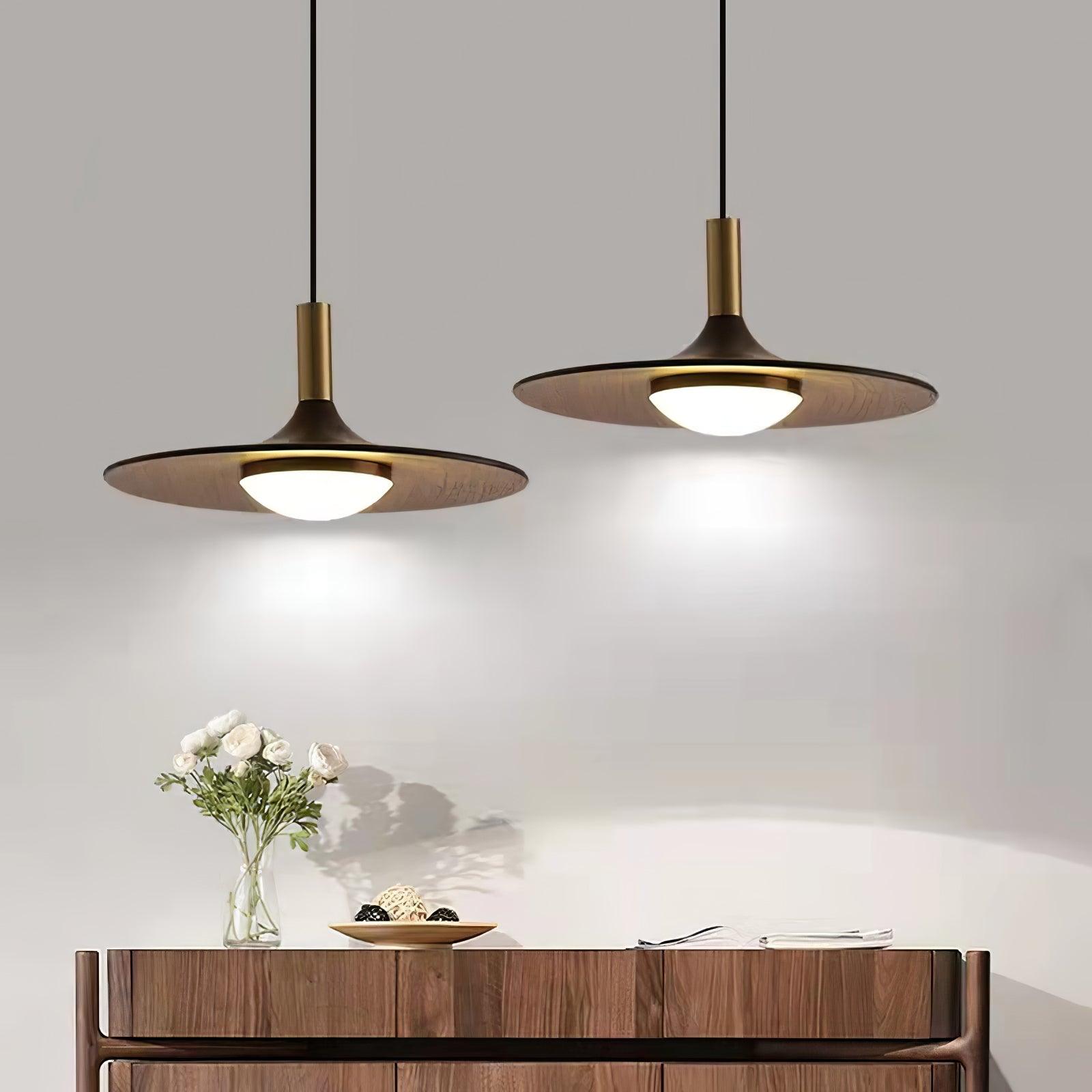 Modern Walnut Wood Dish LED Pendant Light Brass and Walnut Finished Hanging Lamp