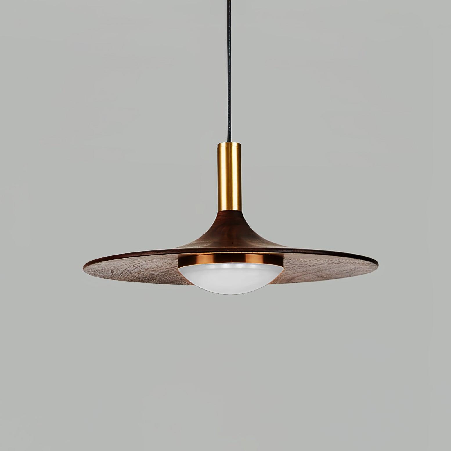 Modern Walnut Wood Dish LED Pendant Light Brass and Walnut Finished Hanging Lamp