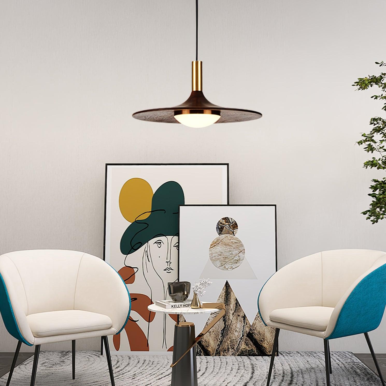 Modern Walnut Wood Dish LED Pendant Light Brass and Walnut Finished Hanging Lamp
