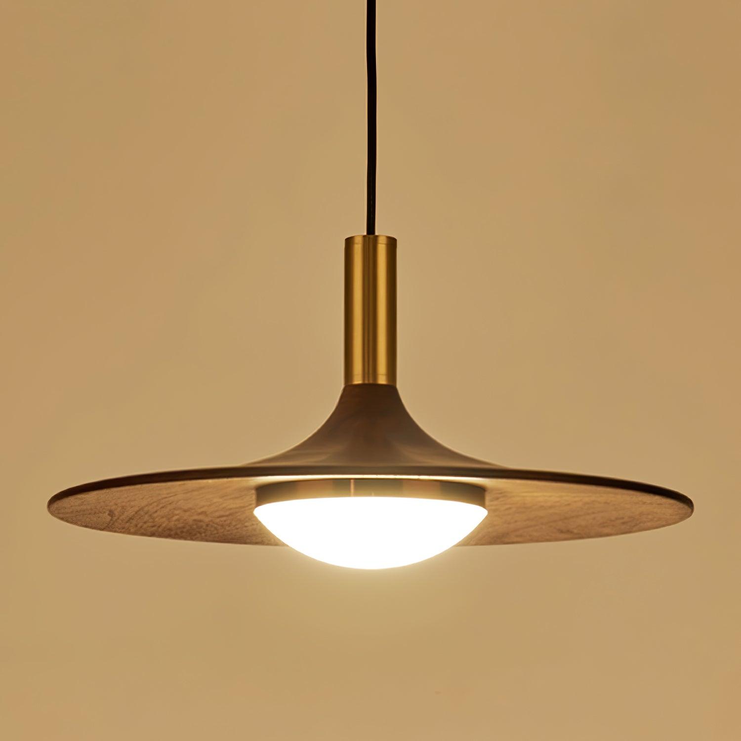 Modern Walnut Wood Dish LED Pendant Light Brass and Walnut Finished Hanging Lamp