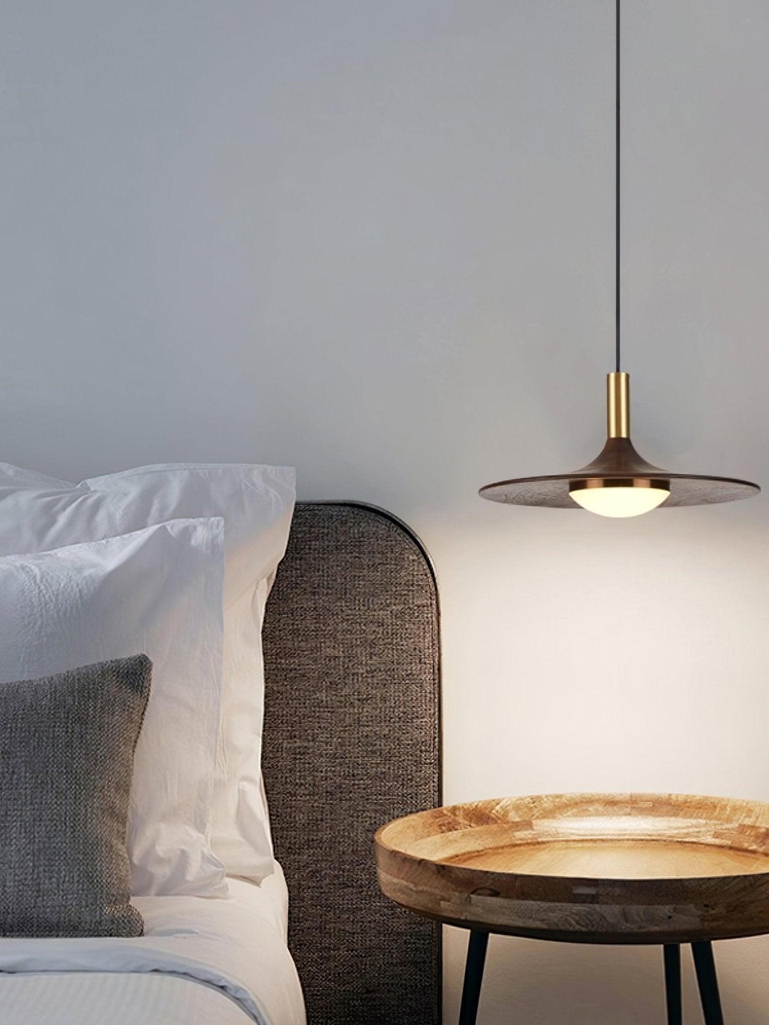 Modern Walnut Wood Dish LED Pendant Light Brass and Walnut Finished Hanging Lamp