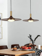 Modern Walnut Wood Dish LED Pendant Light Brass and Walnut Finished Hanging Lamp