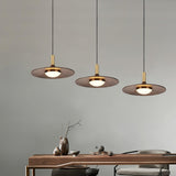Modern Walnut Wood Dish LED Pendant Light Brass and Walnut Finished Hanging Lamp