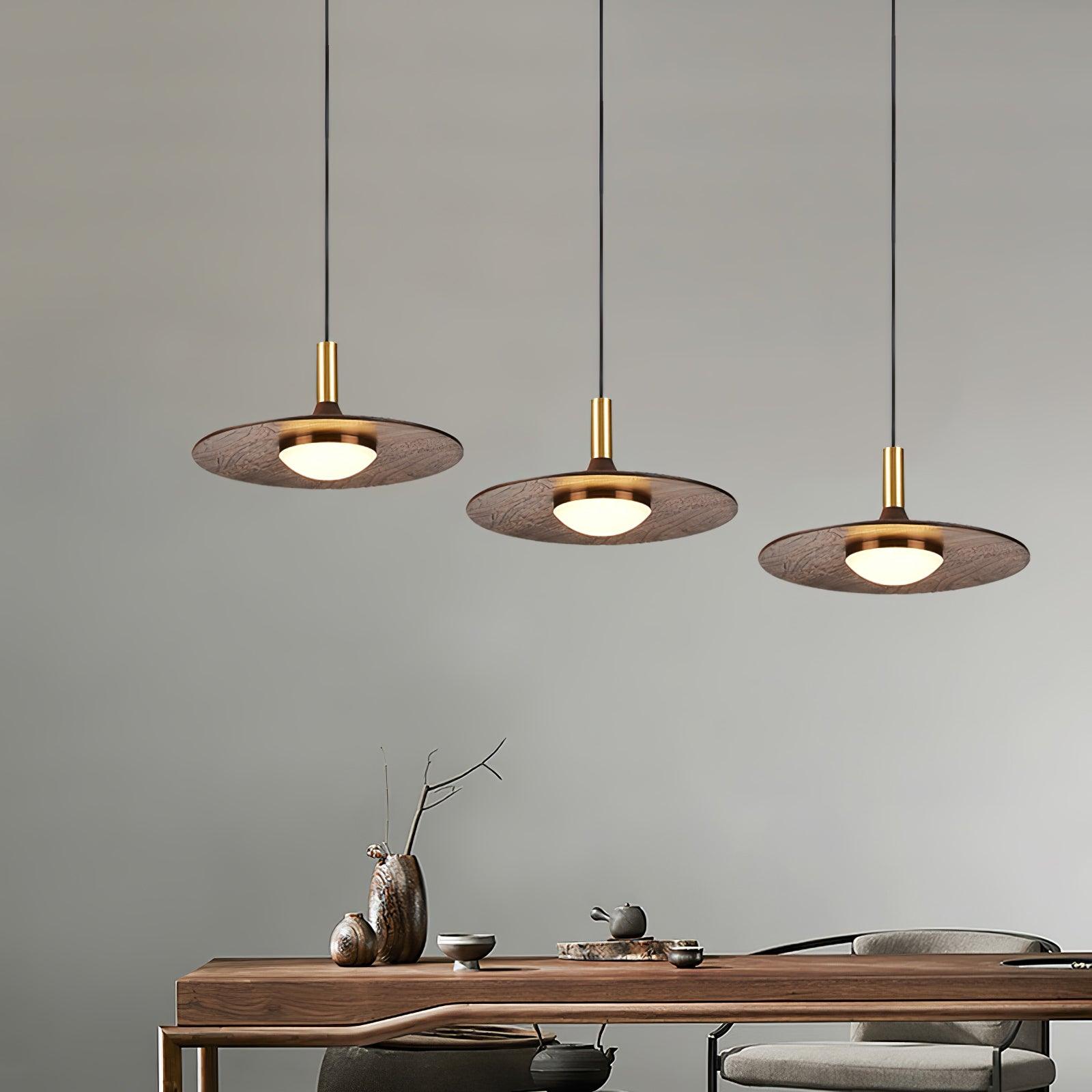 Modern Walnut Wood Dish LED Pendant Light Brass and Walnut Finished Hanging Lamp