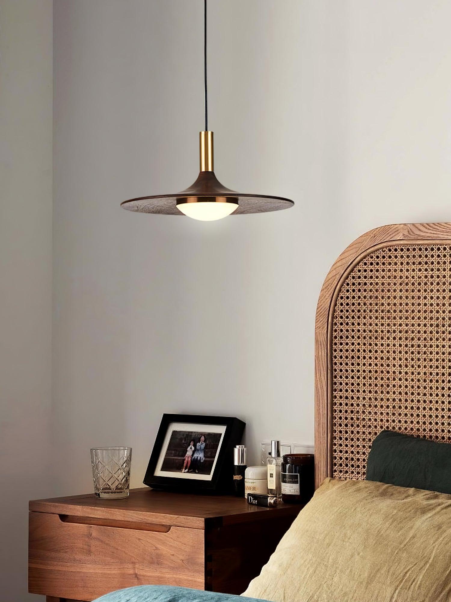 Modern Walnut Wood Dish LED Pendant Light Brass and Walnut Finished Hanging Lamp