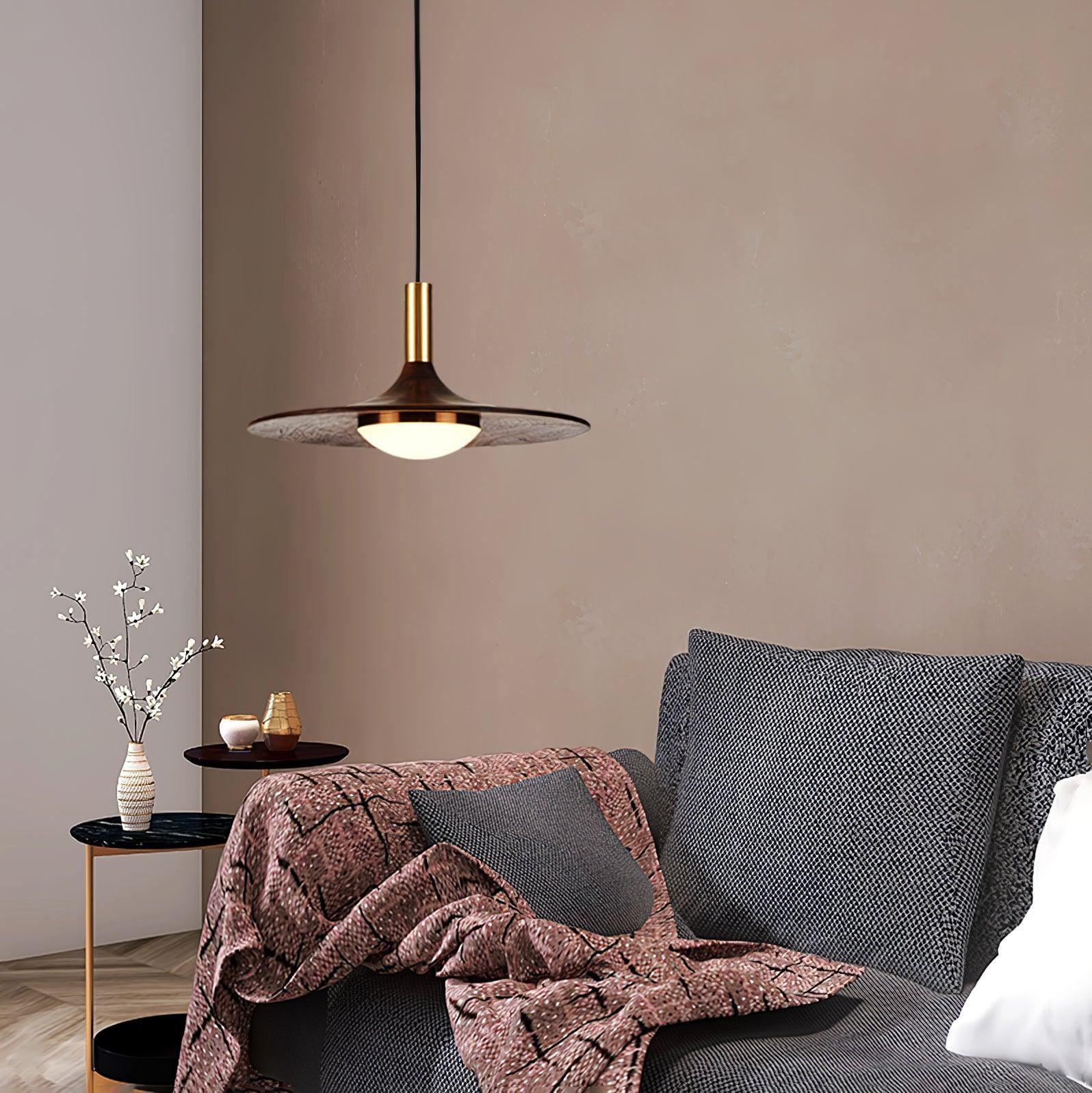 Modern Walnut Wood Dish LED Pendant Light Brass and Walnut Finished Hanging Lamp
