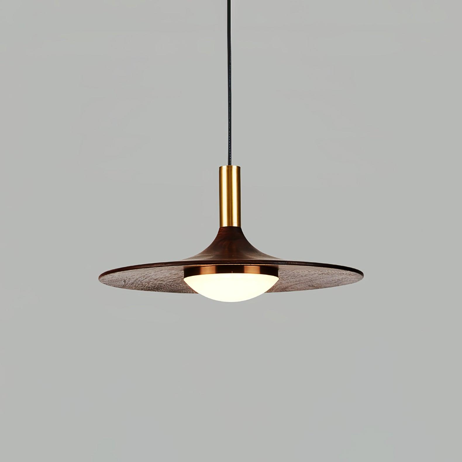 Modern Walnut Wood Dish LED Pendant Light Brass and Walnut Finished Hanging Lamp
