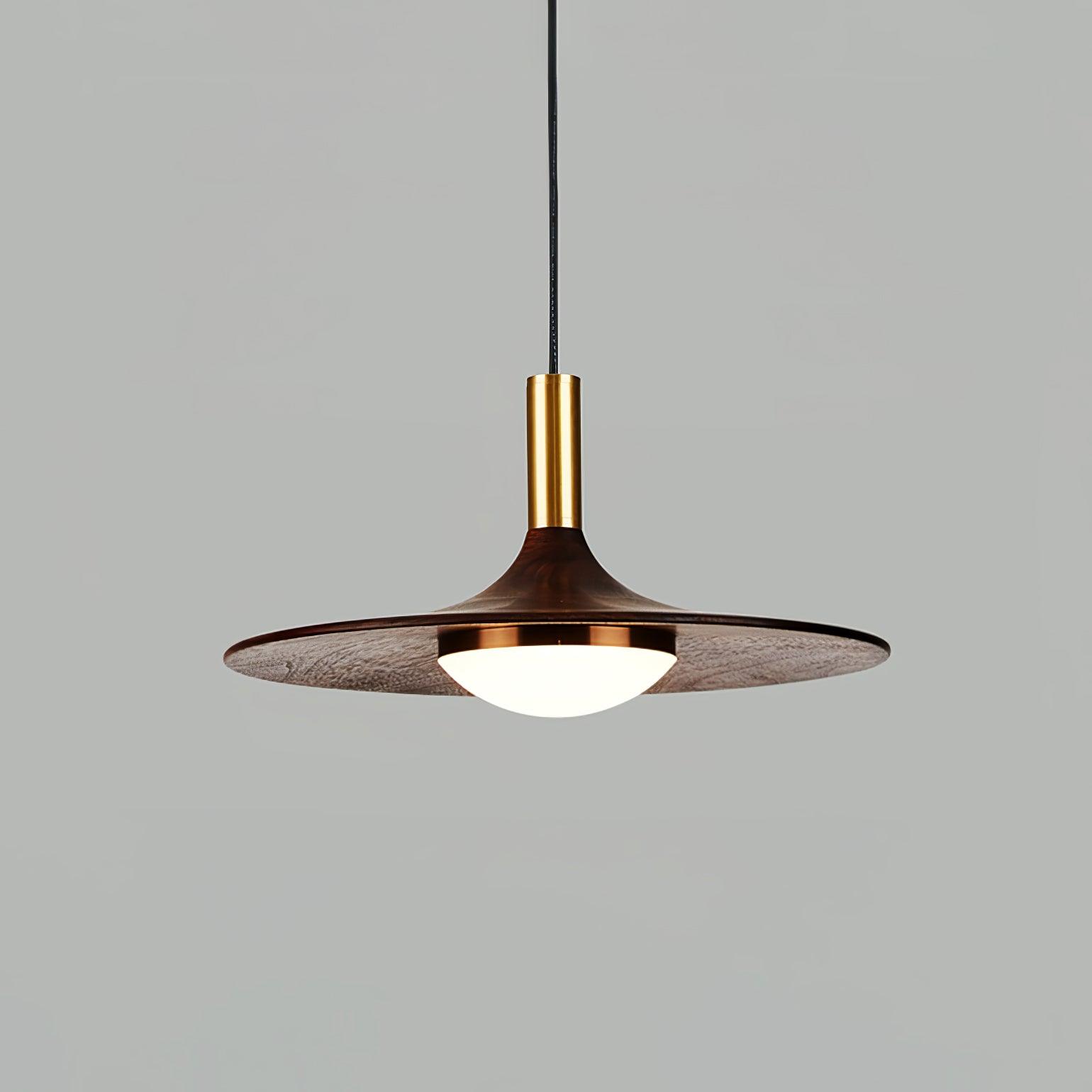 Modern Walnut Wood Dish LED Pendant Light Brass and Walnut Finished Hanging Lamp