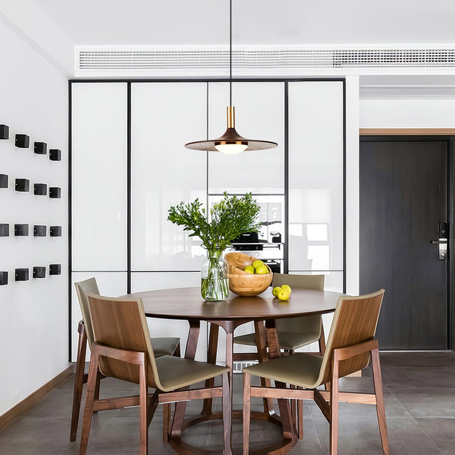Modern Walnut Wood Dish LED Pendant Light Brass and Walnut Finished Hanging Lamp