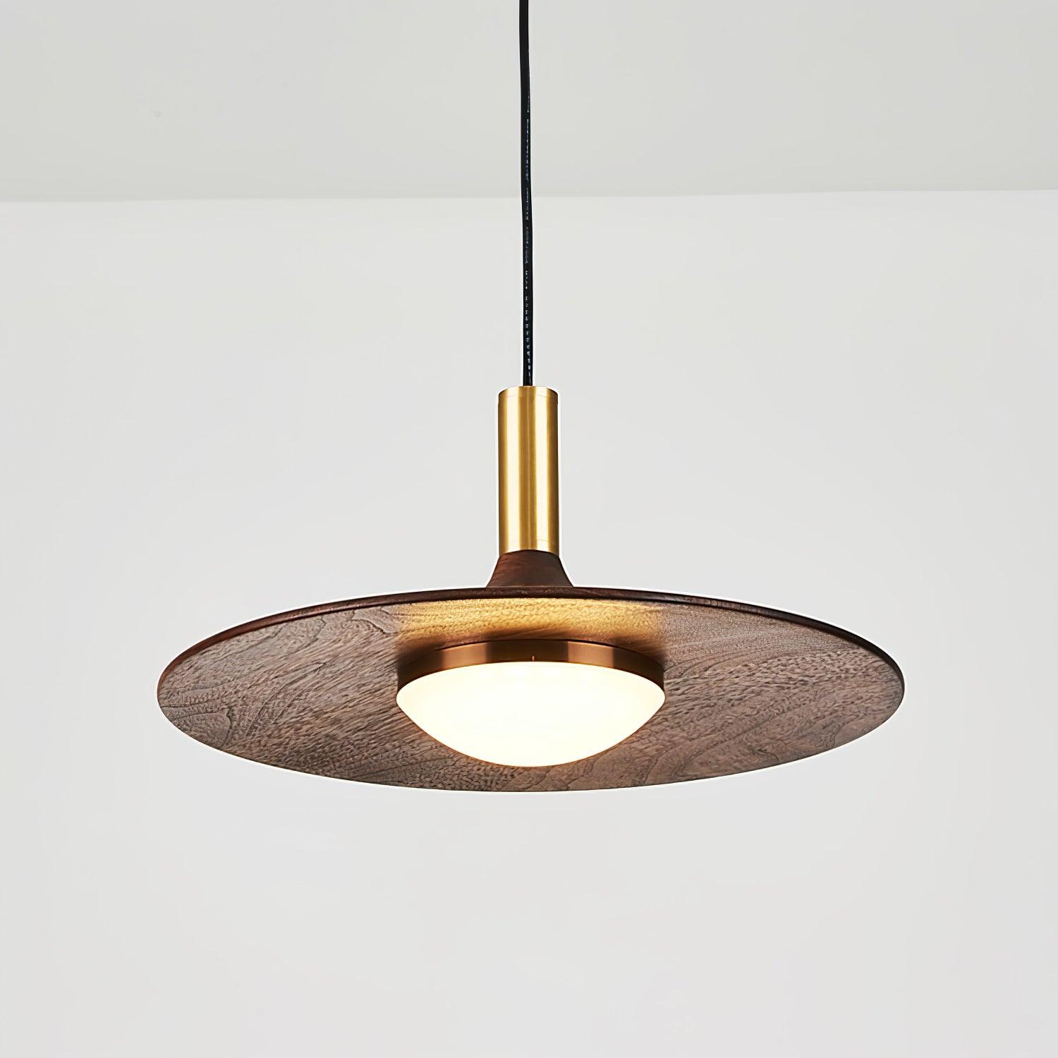 Modern Walnut Wood Dish LED Pendant Light Brass and Walnut Finished Hanging Lamp