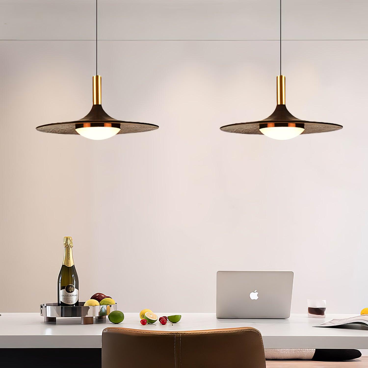 Modern Walnut Wood Dish LED Pendant Light Brass and Walnut Finished Hanging Lamp