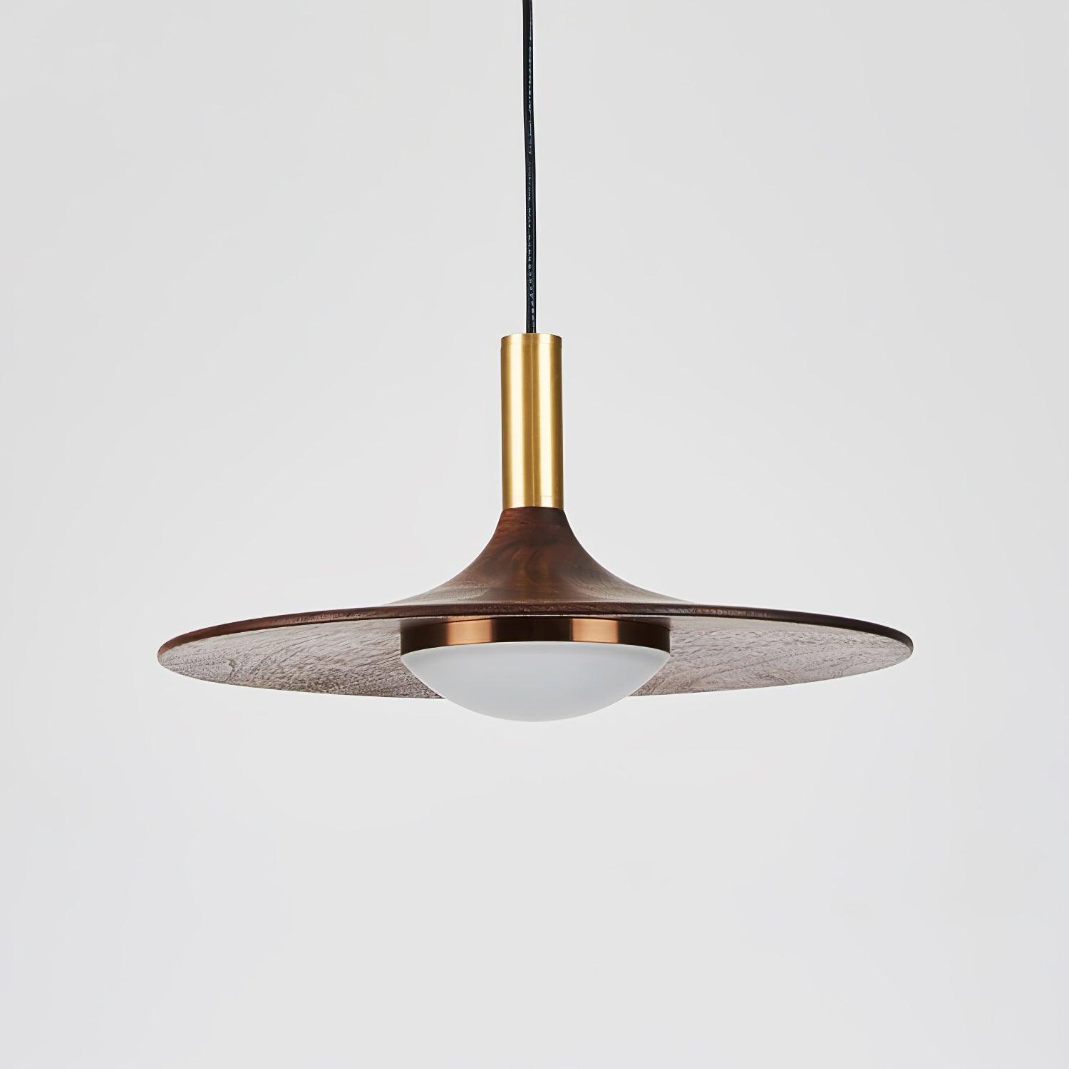 Modern Walnut Wood Dish LED Pendant Light Brass and Walnut Finished Hanging Lamp