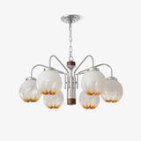 Modern Walnut Wood Flower Bud Chandelier with Frosted Glass Shades and Chrome Finish